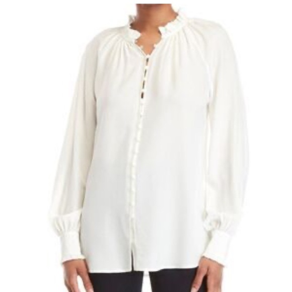 New Catherine Malandrino Ruffle Neck Button Front Blouse Ivory Large - Picture 1 of 12